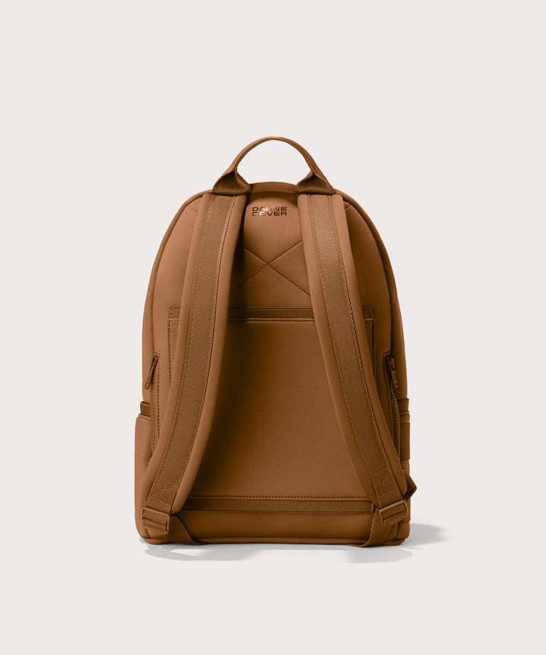 Medium Dakota in a saturated, warm medium-brown with burnt orange undertones., displaying an exterior phone pocket. Back view. 
