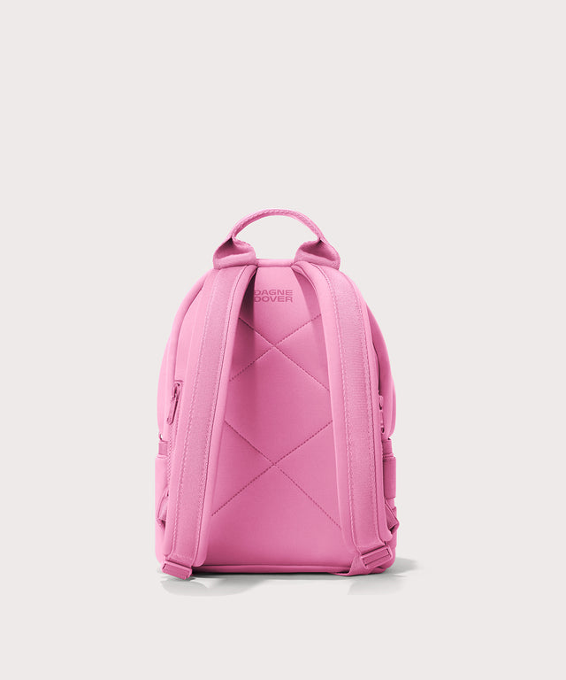 Dagne Dover Small Dakota Neoprene Backpack in a true bubble gum pink seen from the back.