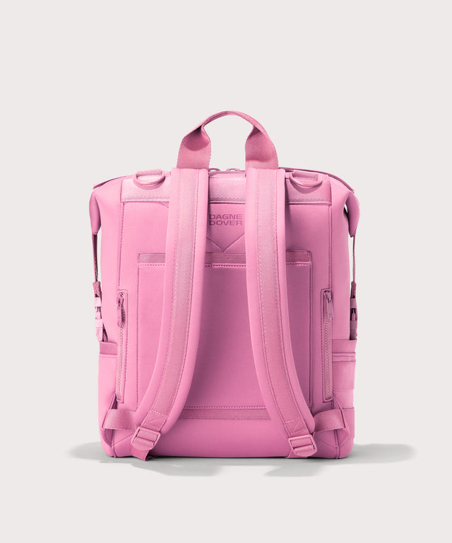 Dagne Dover Large Indi Diaper Backpack in a true bubble gum pink seen from the back.