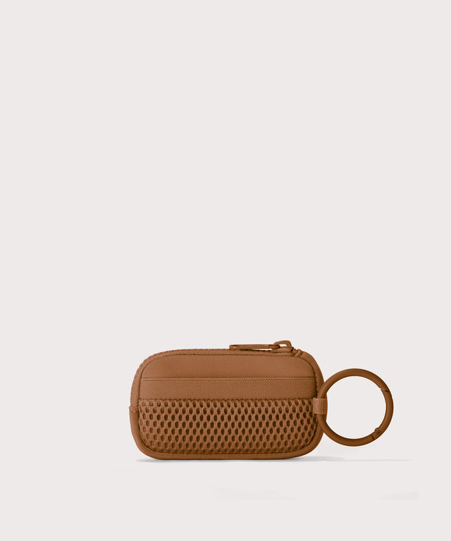 Mara Keychain in a saturated, warm medium-brown with burnt orange undertones.  Back view. 

