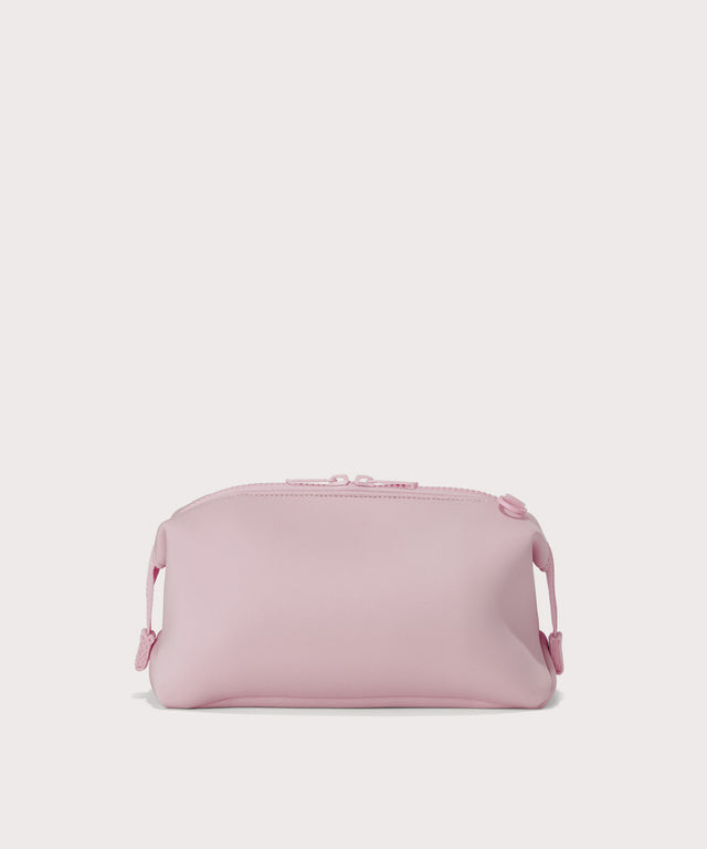 Hunter Large toiletry bag in a cool, powdery pink with soft grey undertones Back view. 
