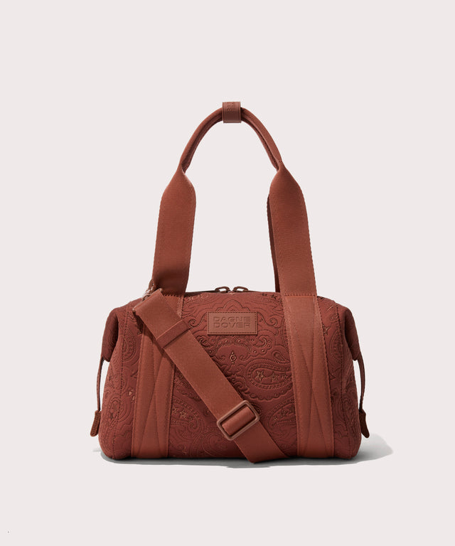 Dagne Dover Small Landon Carryall in a rich, warm brown with an embroidered paisley print.