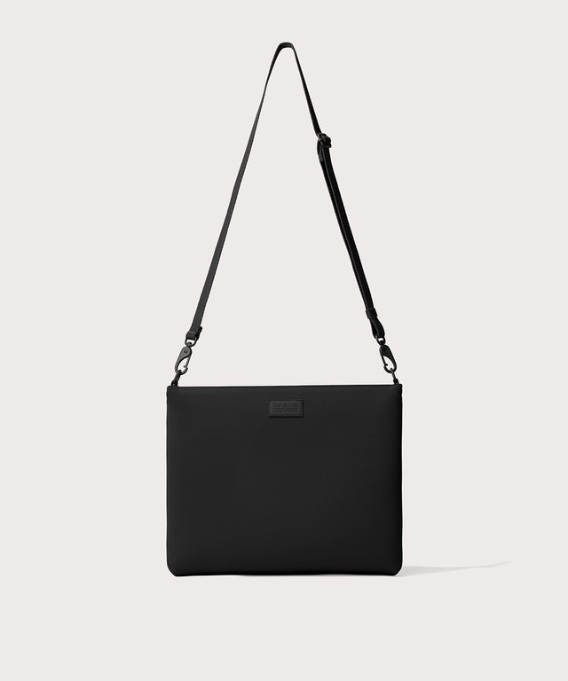 14 inch laptop shoulder bag in a black seen from the front view. 
