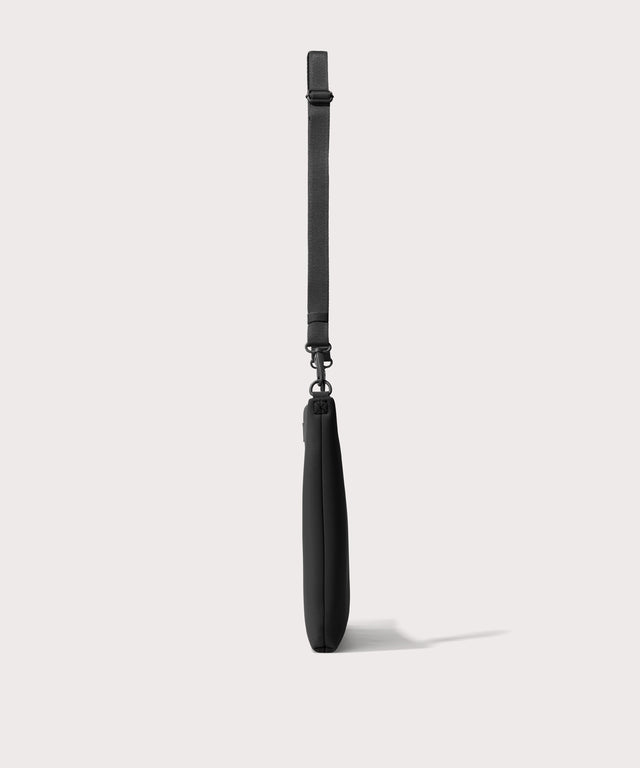 16 inch laptop shoulder bag in a black seen from the side view.