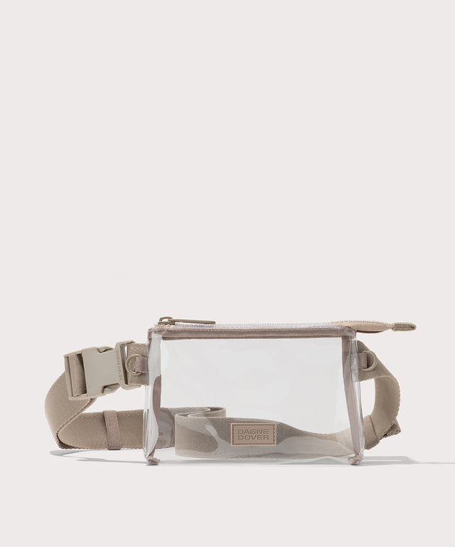 Clear crossbody bag with beige strap on a white background. Stadium compliant. 