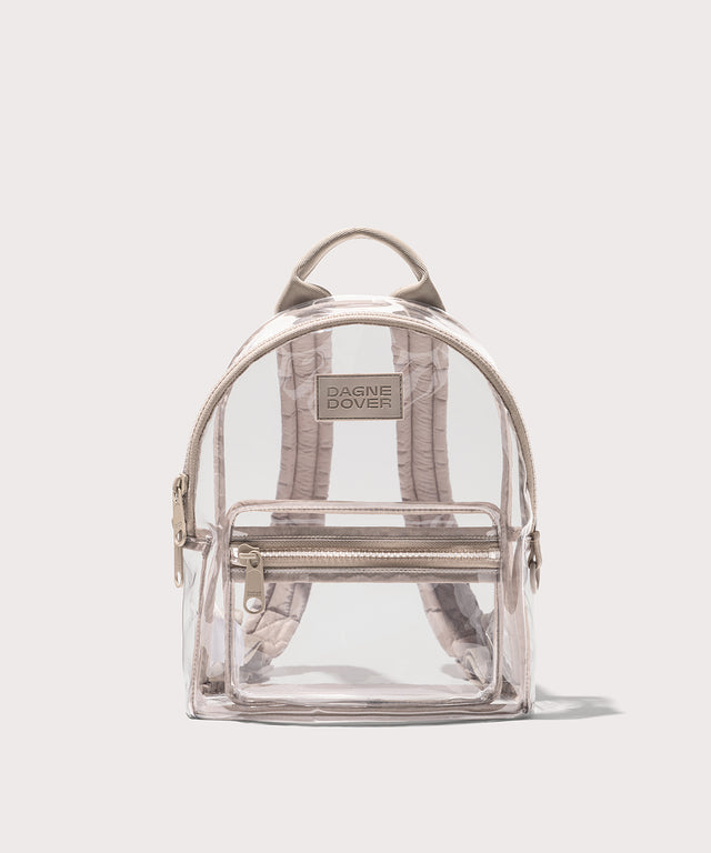 Clear backpack with beige straps and a logo, and a front pocket, on a white background.Stadium compliant. 