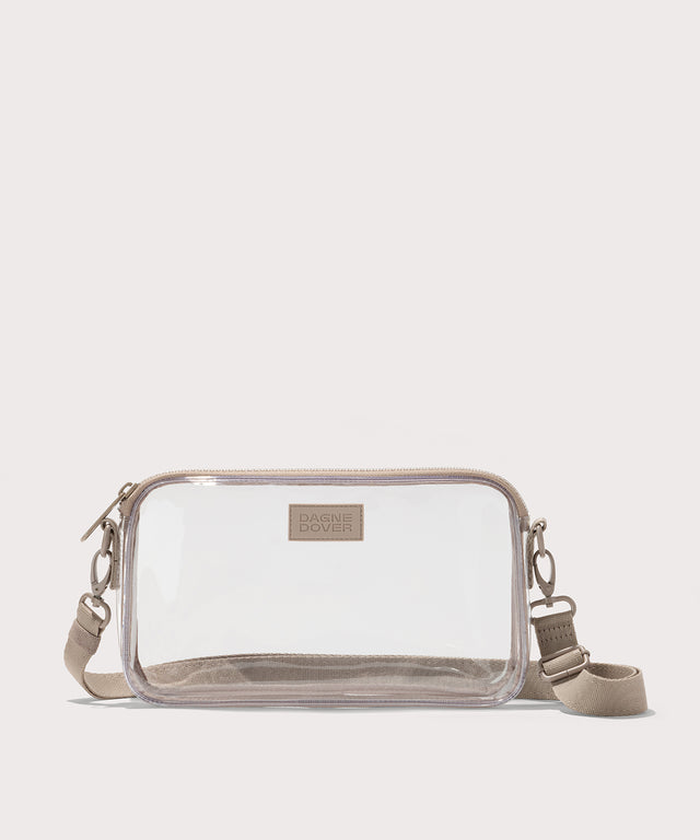 Clear crossbody bag with beige strap on a white background. Stadium compliant. 