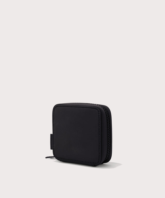 Dagne Dover small Arlo Tech Organizer in black seen from an angle.