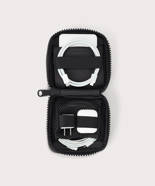 hover - Dagne Dover small Arlo Tech Organizer in black unzipped, revealing the interior elastic loops and airmesh pockets.