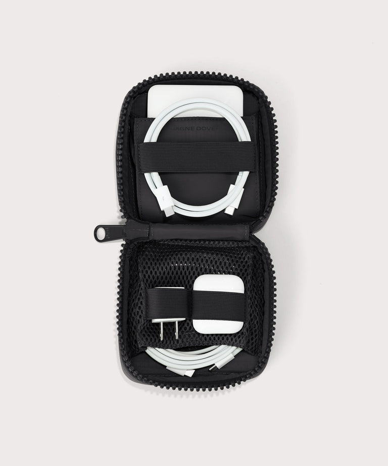 hover - Dagne Dover small Arlo Tech Organizer in black unzipped, revealing the interior elastic loops and airmesh pockets.