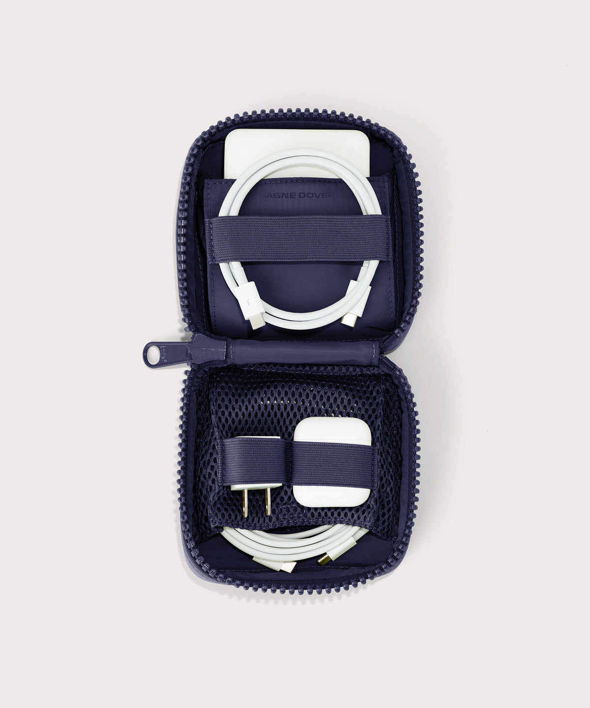 hover - Dagne Dover small Arlo Tech Organizer in  dark blue unzipped, revealing the interior elastic loops and airmesh pockets.
