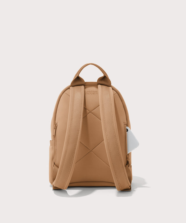Dagne Dover small Dakota Neoprene Backpack in camel seen from the back.
