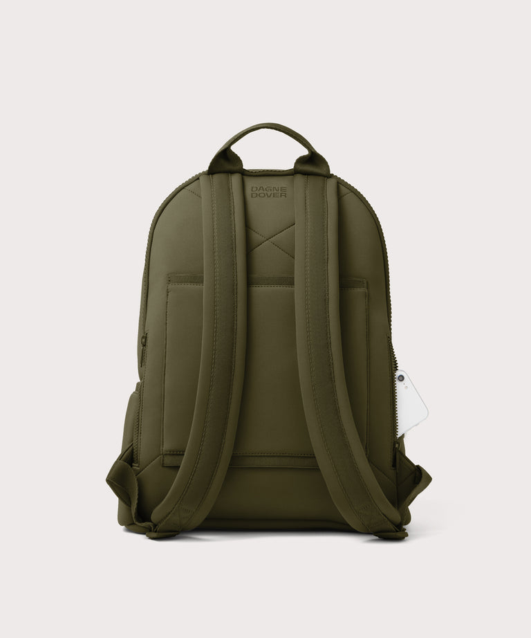 Dagne Dover large Dakota Neoprene Backpack in dark moss seen from the back.
