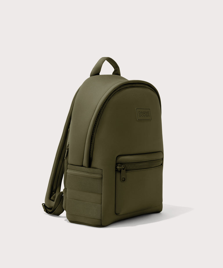 Dagne Dover medium Dakota Neoprene Backpack in dark moss seen from an angle.
