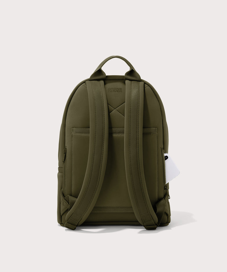 Dagne Dover medium Dakota Neoprene Backpack in dark moss seen from the back.

