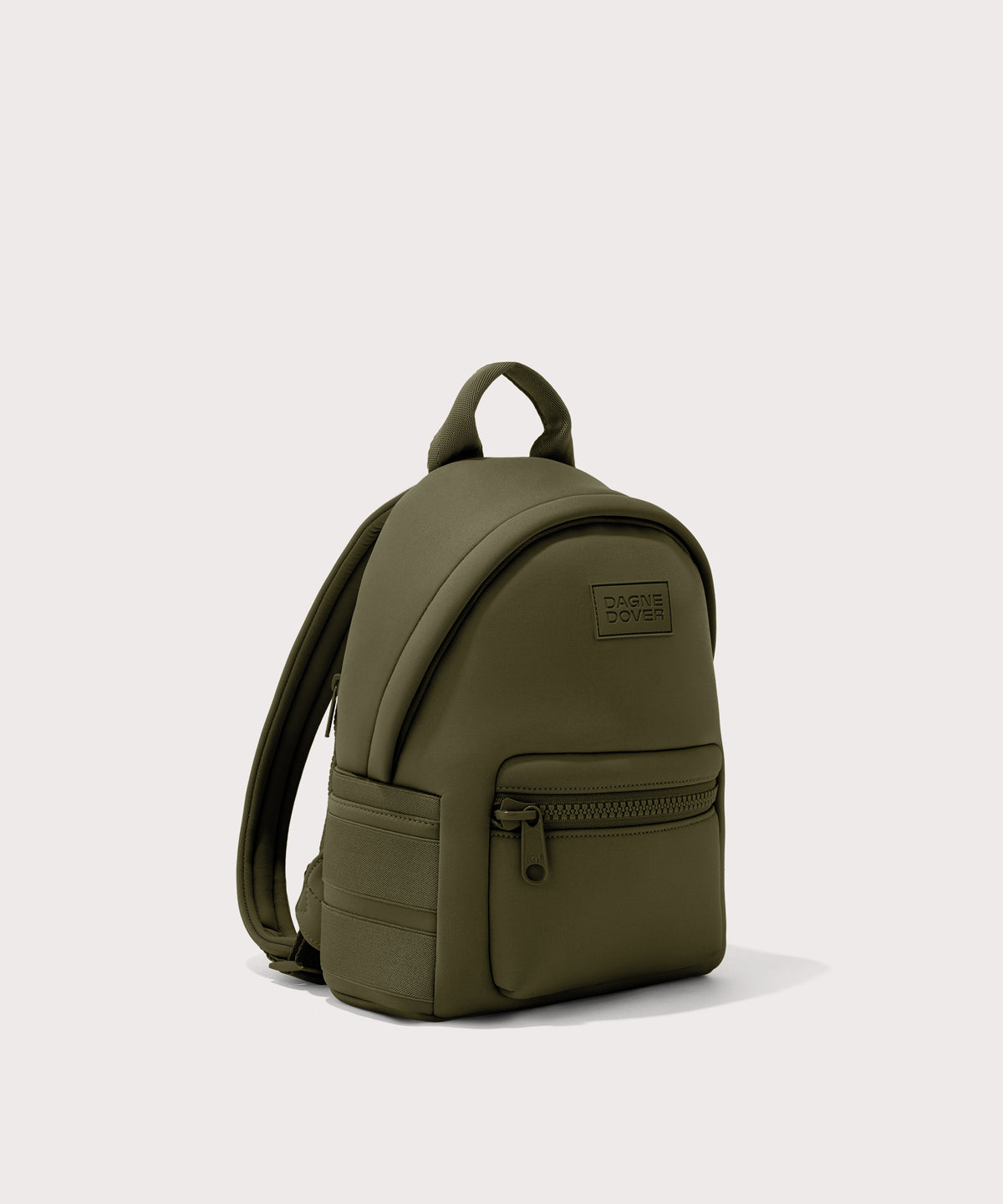 Dagne Dover small Dakota Neoprene Backpack in dark moss seen from an angle.
