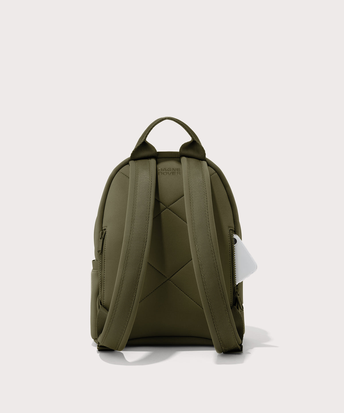 Dagne Dover small Dakota Neoprene Backpack in dark moss seen from the back.
