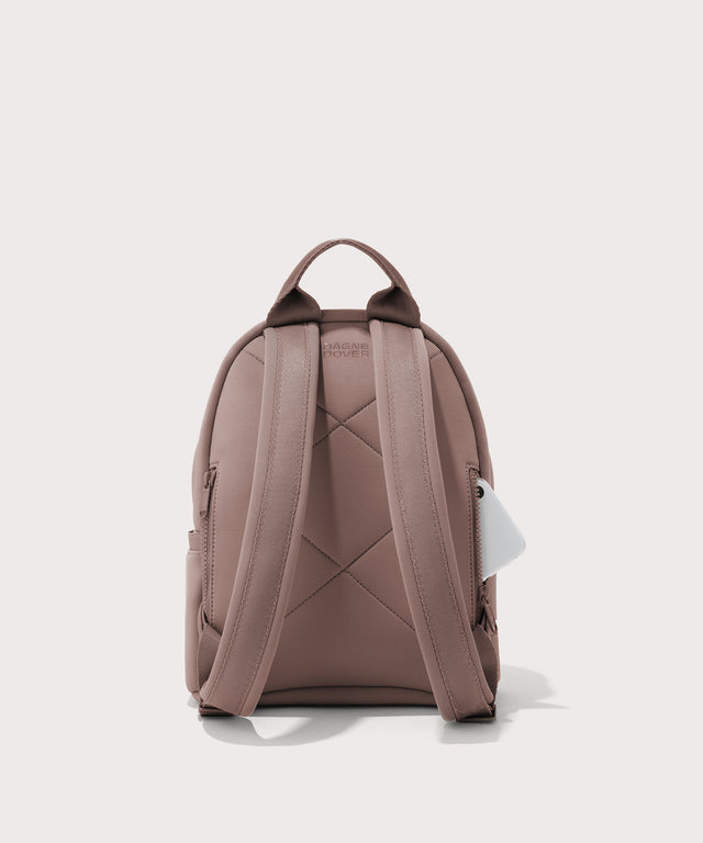 Dagne Dover small Dakota Neoprene Backpack in pink seen from the back.
