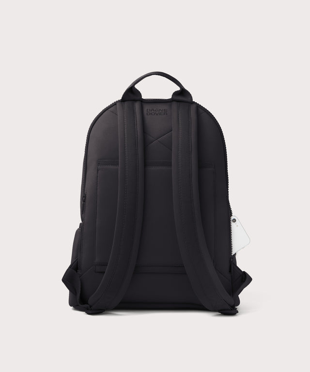 Dagne Dover large Dakota Neoprene Backpack in black seen from the back.
