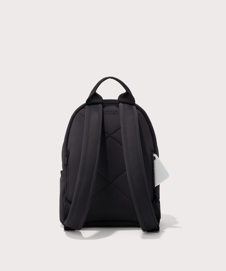 Dagne Dover small Dakota Neoprene Backpack in black seen from the back.
