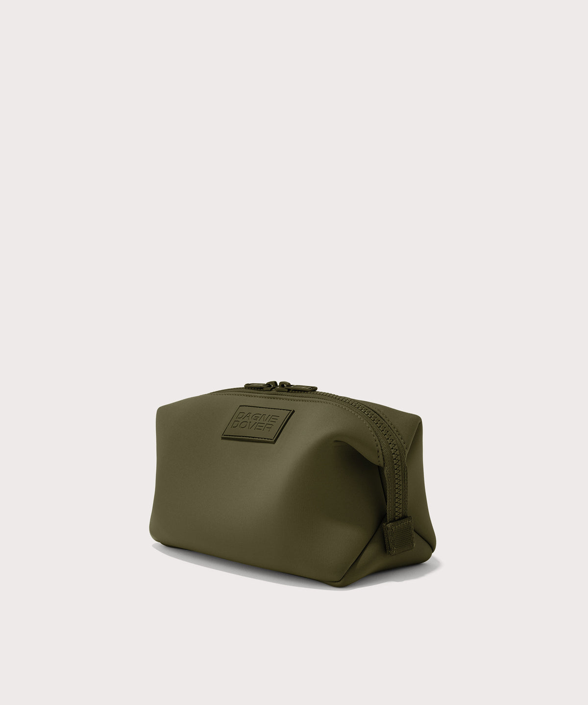 Dagne Dover Large Hunter Toiletry Bag in dark moss seen from an angle.
