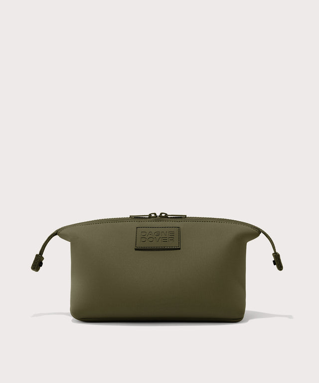 Dagne Dover Large Hunter Toiletry Bag in dark moss with sides unclipped.
