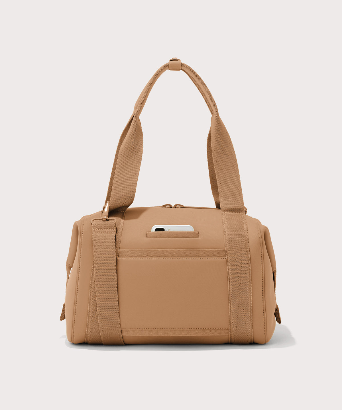 Large Landon Carryall in brown camel, displaying an exterior phone pocket
