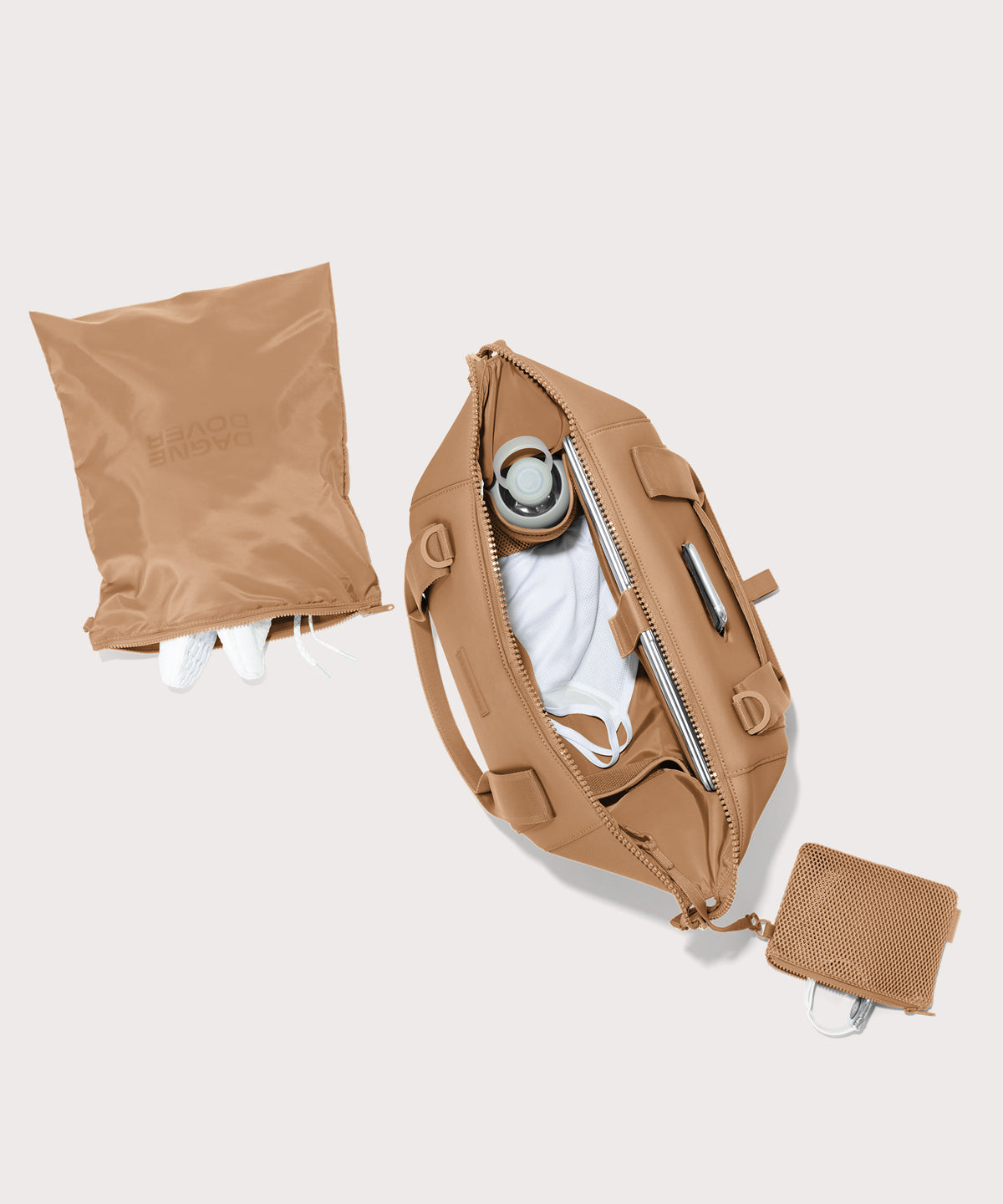 Large Landon Carryall in brown camel unzipped, top down view