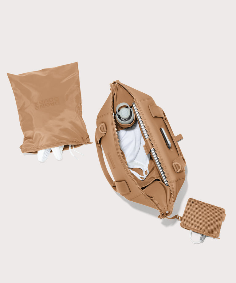 Large Landon Carryall in brown camel unzipped, top down view