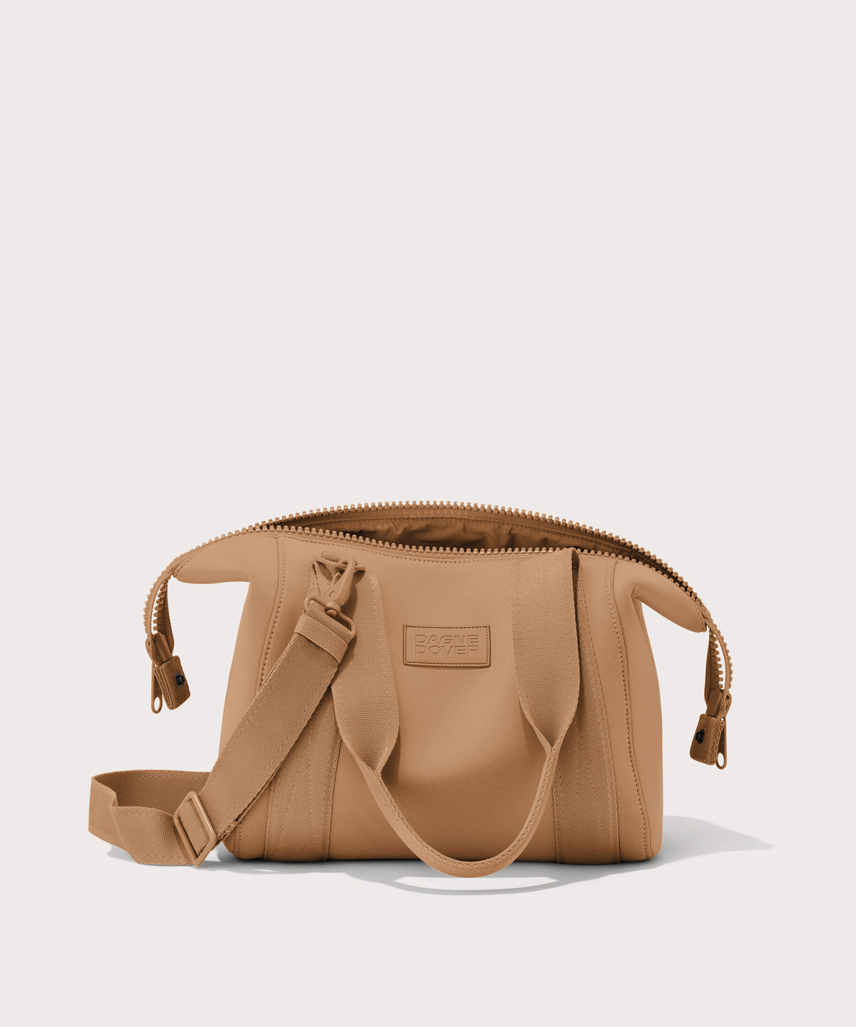 small Landon Carryall in brown camel unzipped
