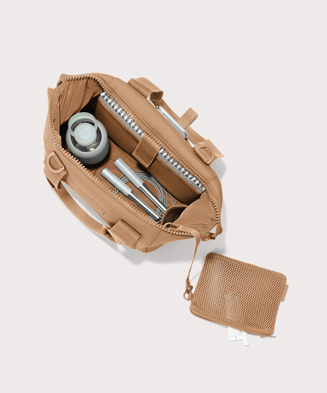 small Landon Carryall in brown camel unzipped, top down view