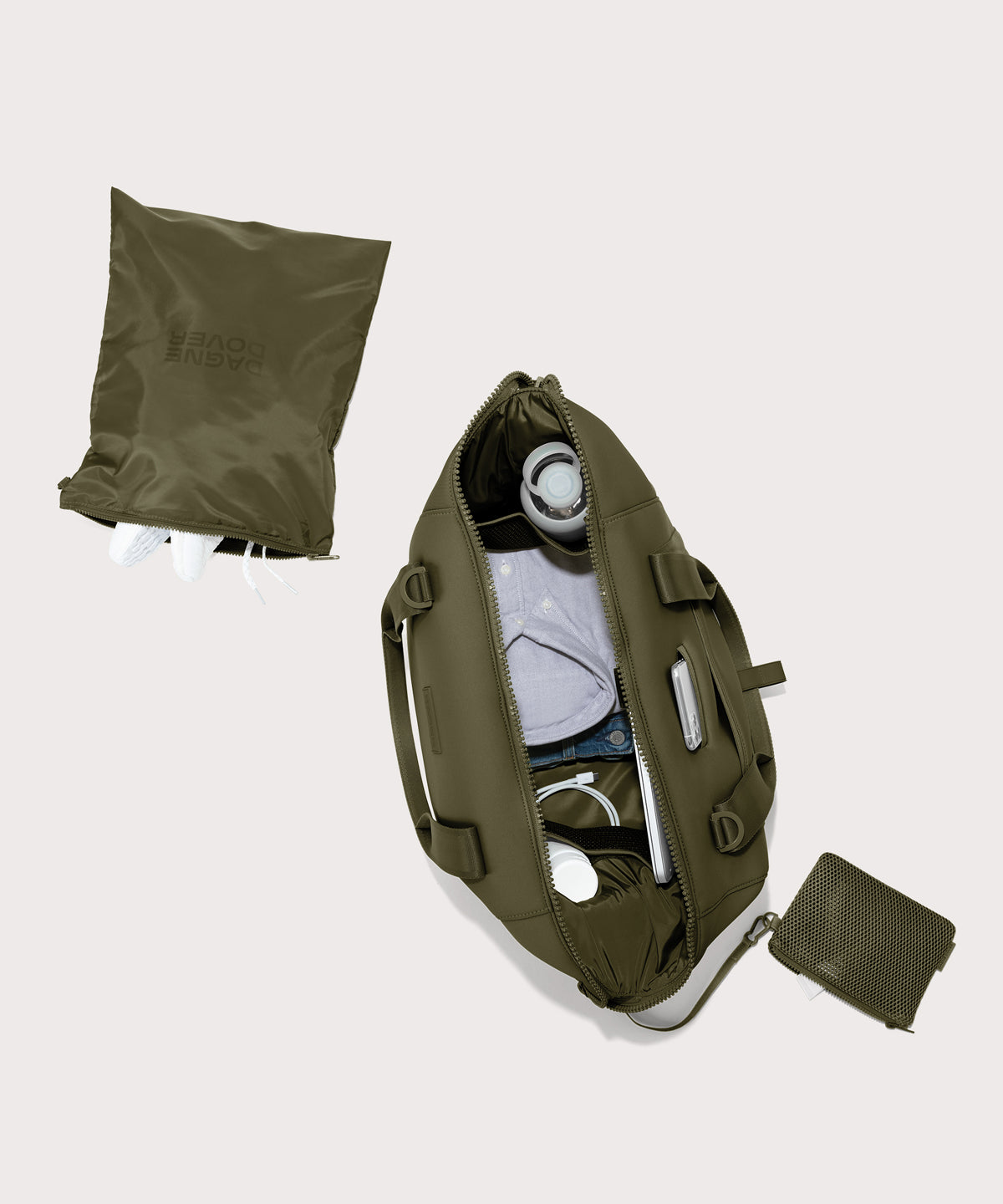 Large Landon Carryall in dark green unzipped, top down view