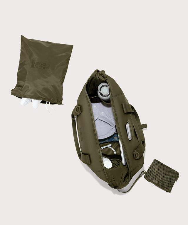 Large Landon Carryall in dark green unzipped, top down view