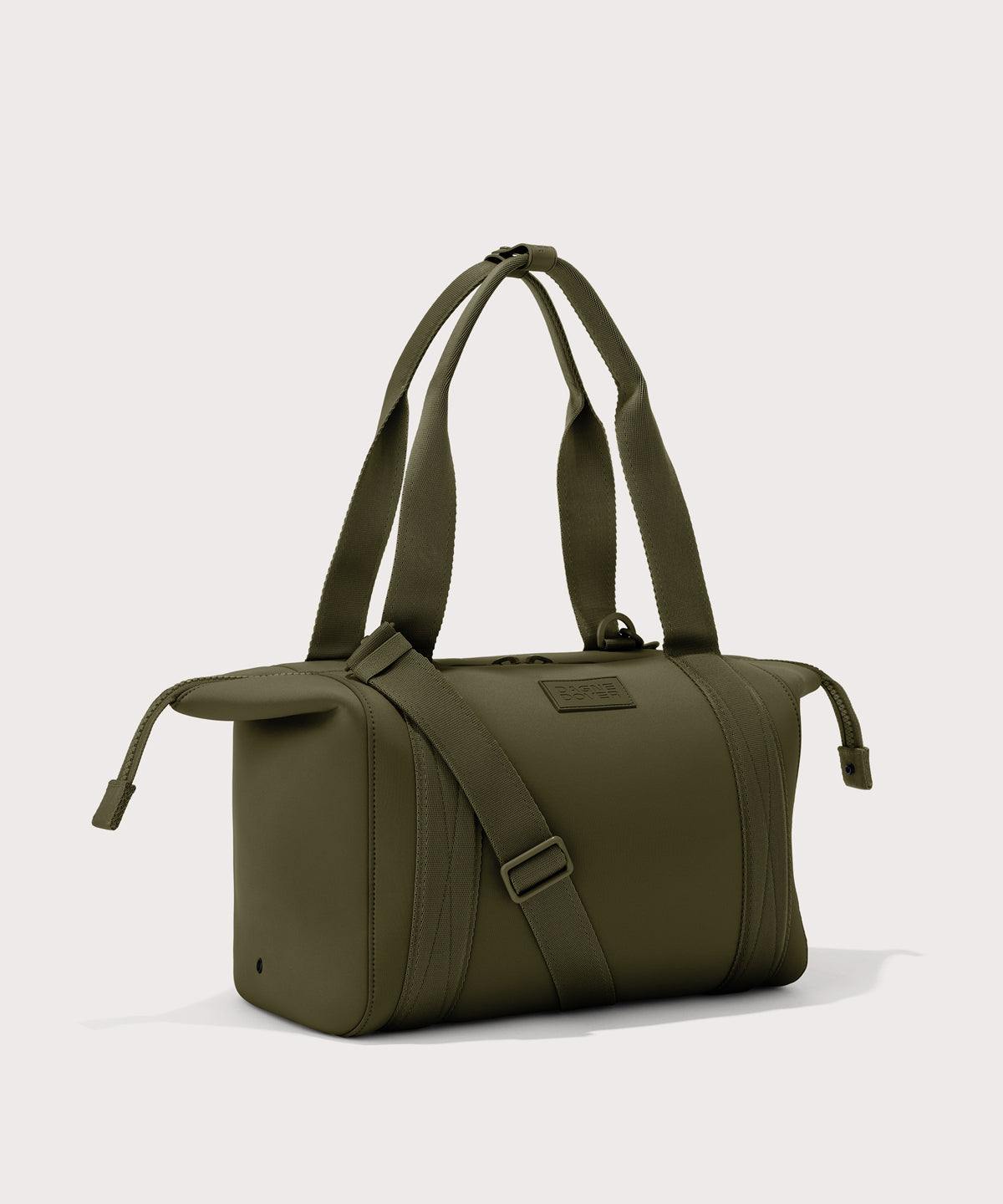 Large Landon Carryall in dark green with zippers unbuckled

