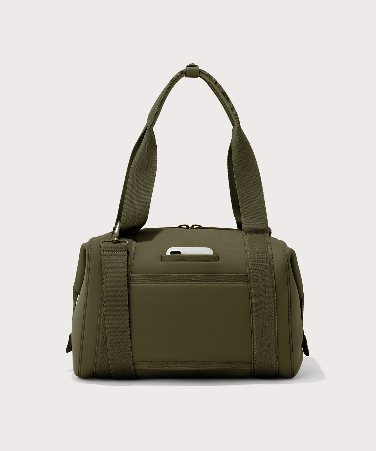 Large Landon Carryall in dark green, displaying an exterior phone pocket
