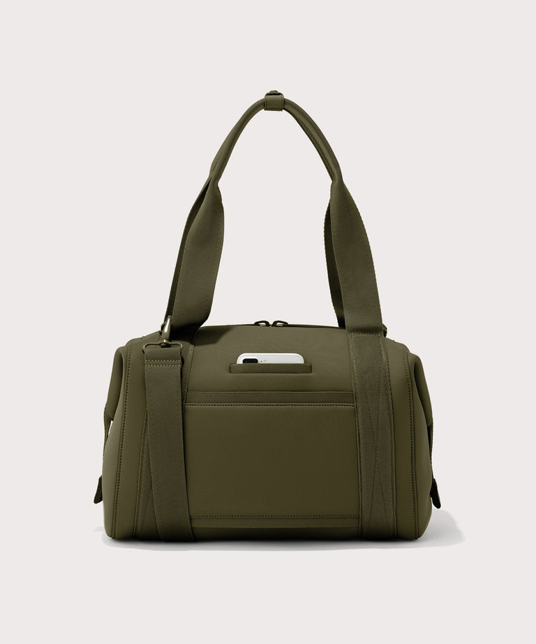 Large Landon Carryall in dark green, displaying an exterior phone pocket
