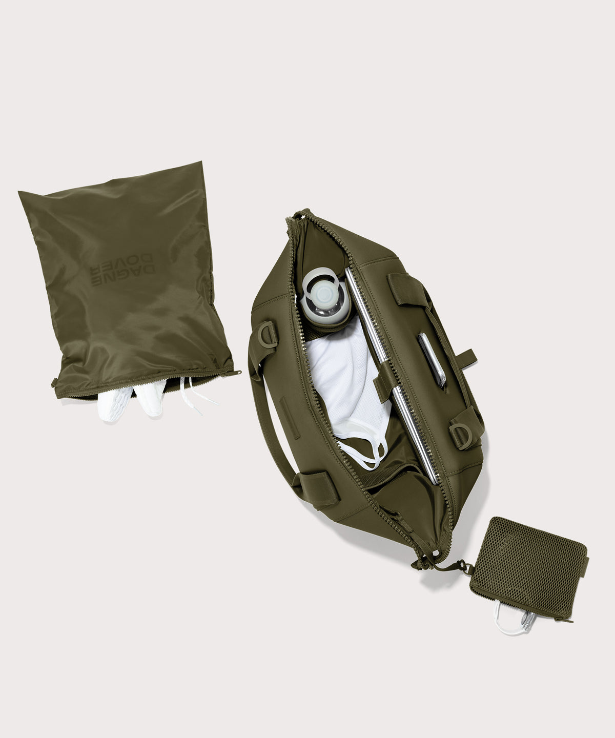 Large Landon Carryall in dark green unzipped, top down view