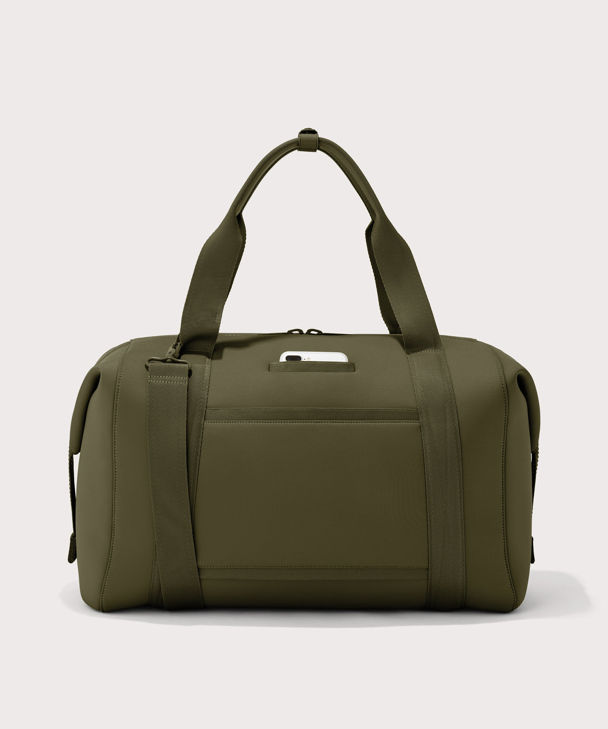 extra large Landon Carryall in dark green, displaying an exterior phone pocket
