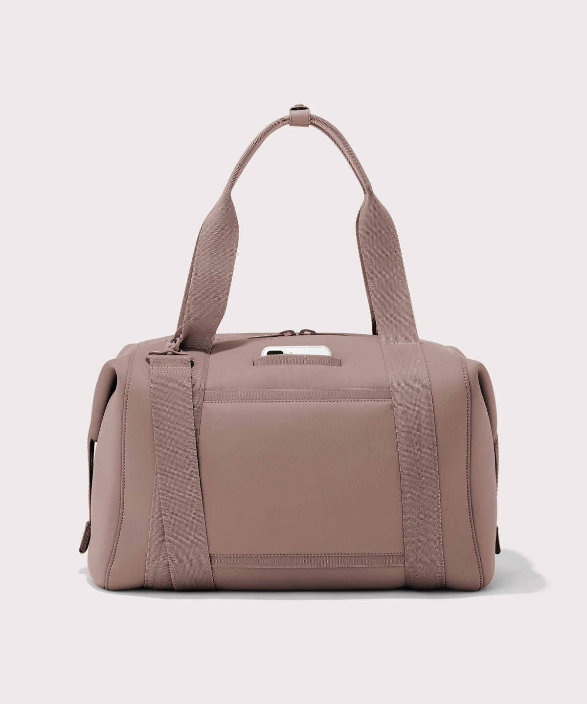 Large Landon Carryall in pink, displaying an exterior phone pocket
