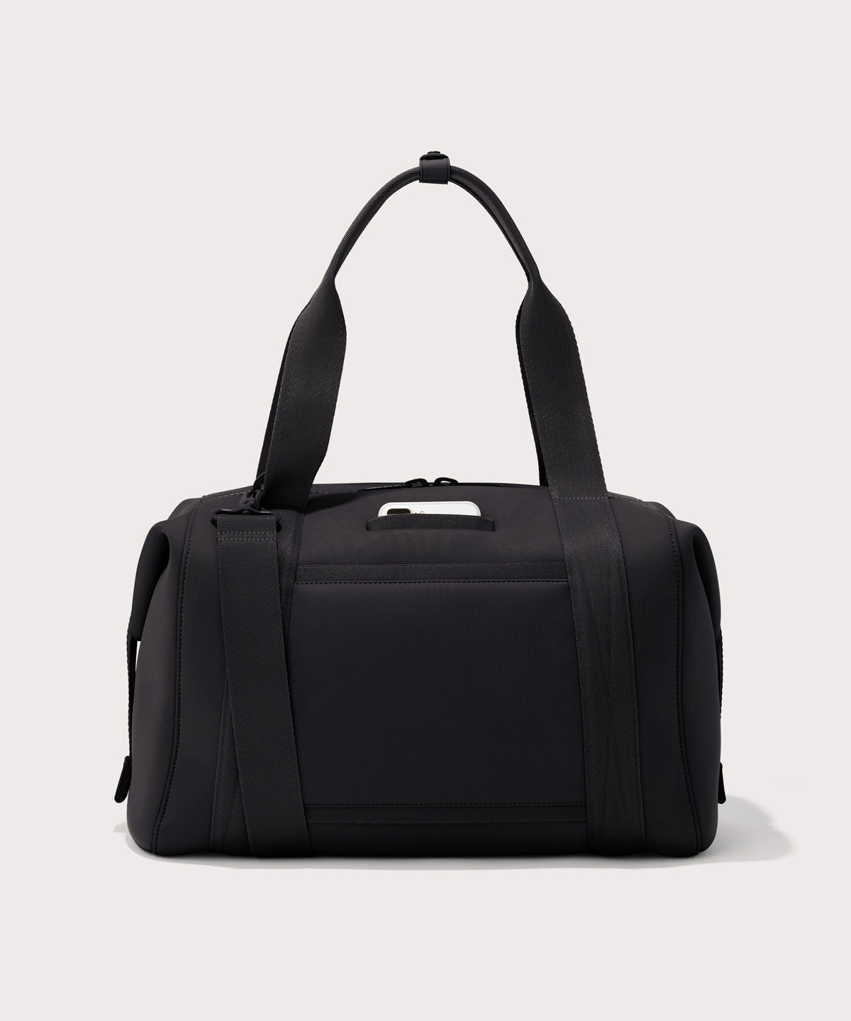 Large Landon Carryall in black, displaying an exterior phone pocket
