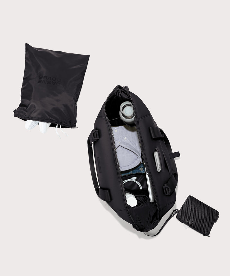 Large Landon Carryall in black unzipped, top down view