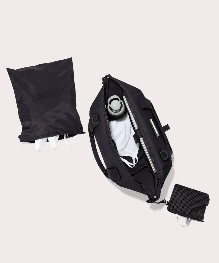 Large Landon Carryall in black unzipped, top down view