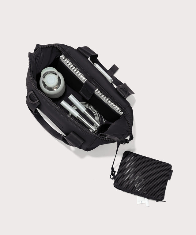 small Landon Carryall in black unzipped, top down view