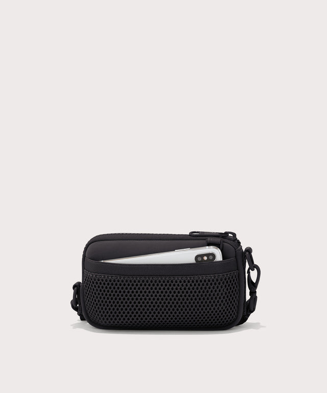 Dagne Dover Mara Phone Sling in black showing the exterior air mesh slip.
