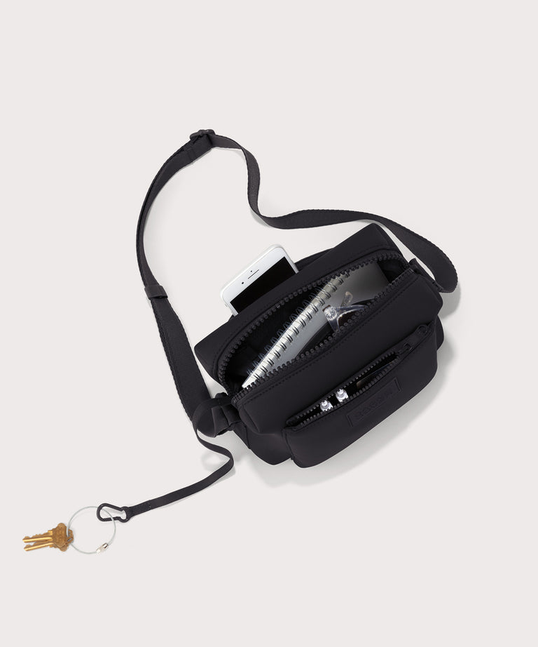 Dagne Dover Micah Crossbody in black seen from above, showing the interior air mesh pocket.