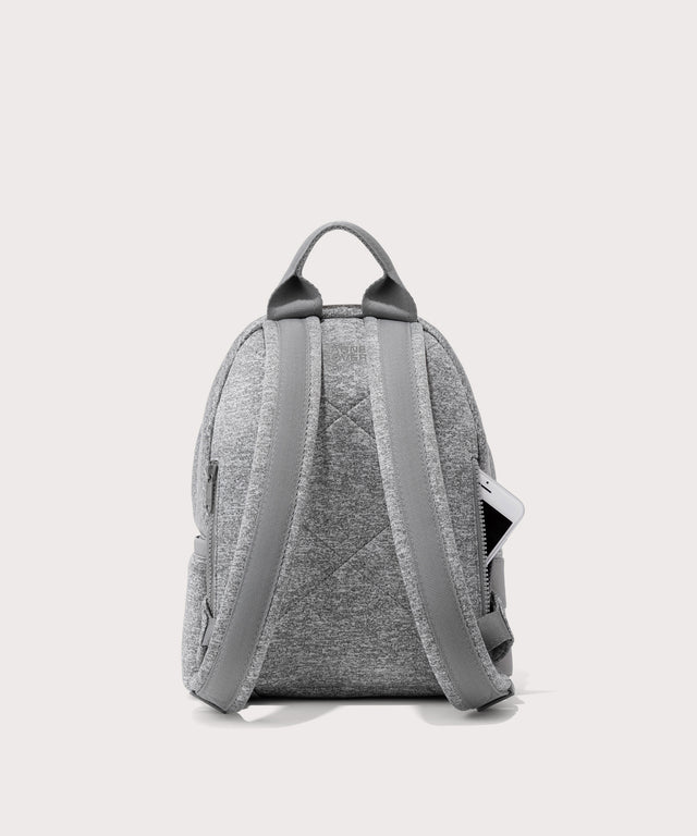 Dagne Dover small Dakota Neoprene Backpack in grey seen from the back.
