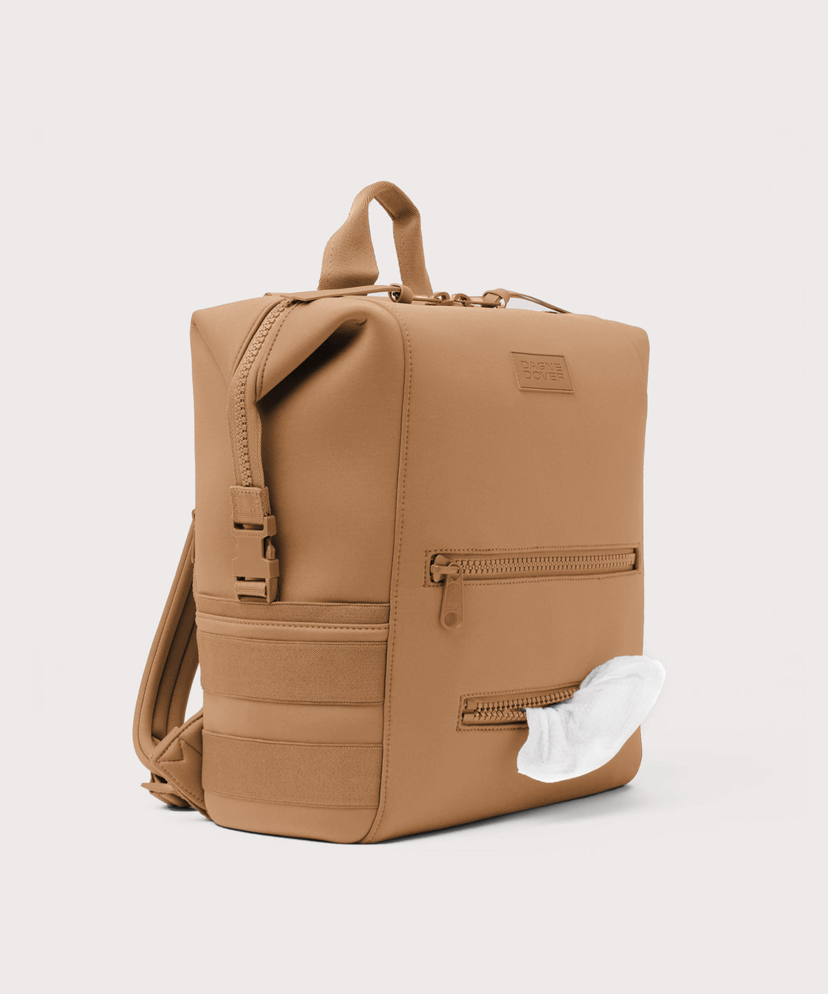 Dagne Dover Large Indi Diaper Backpack in camel brown showing the zipper opening for easy access wipes.