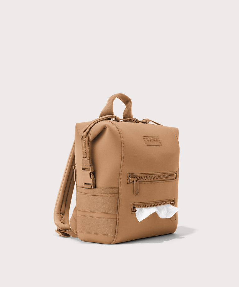 Dagne Dover small Indi Diaper Backpack in camel brown showing the zipper opening for easy access wipes.