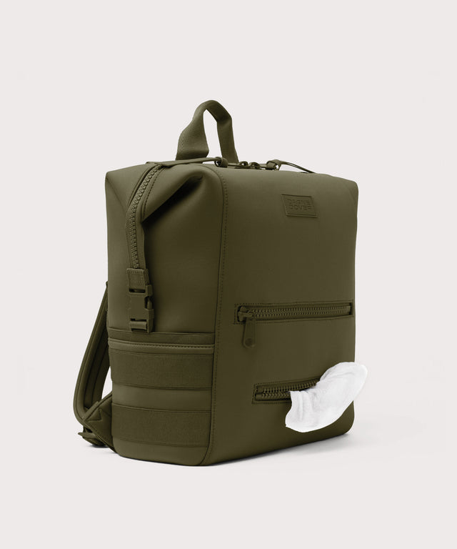 Dagne Dover Large Indi Diaper Backpack in dark moss showing the zipper opening for easy access wipes.
