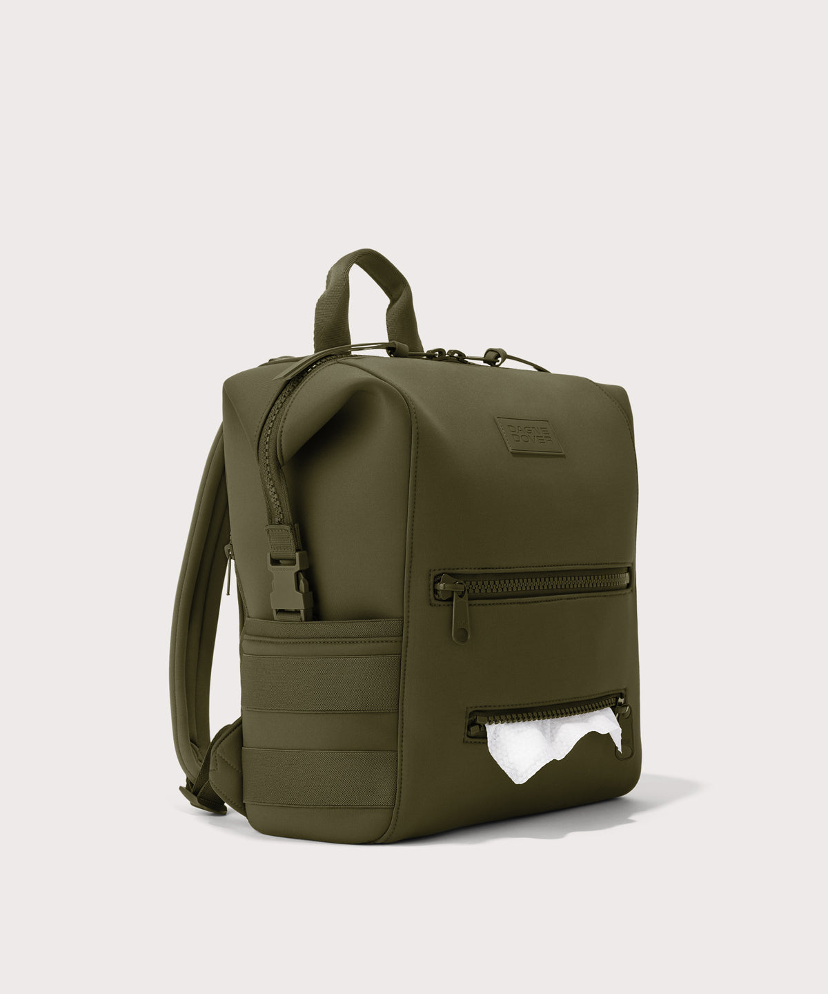 Dagne Dover Medium Indi Diaper Backpack in dark moss showing the zipper opening for easy access wipes.
